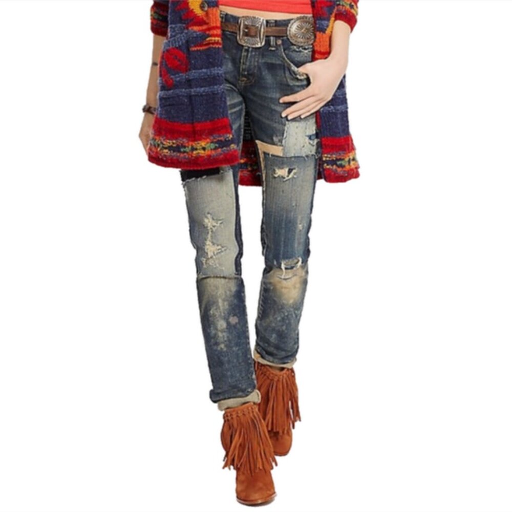 Polo Ralph Lauren Tompkins Patched Skinny Jeans In Golden Repaired Wash
